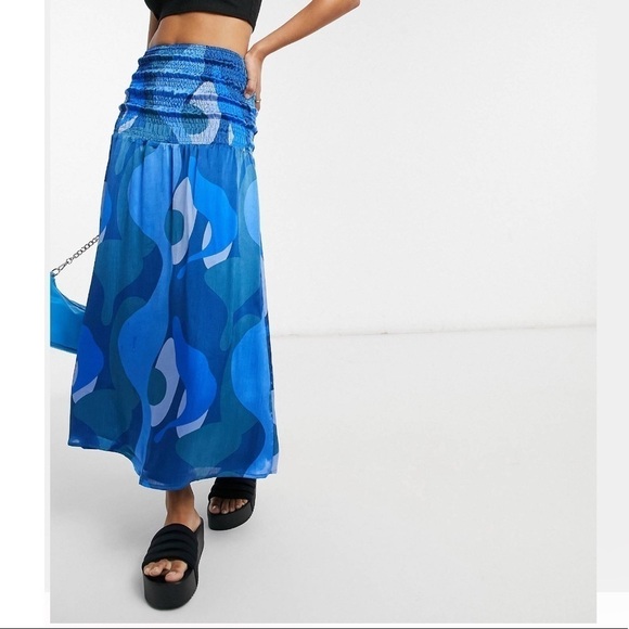 Asos Curve Never Fully Dressed shirred blue skirt abstract print swirl 14US - Picture 4 of 12